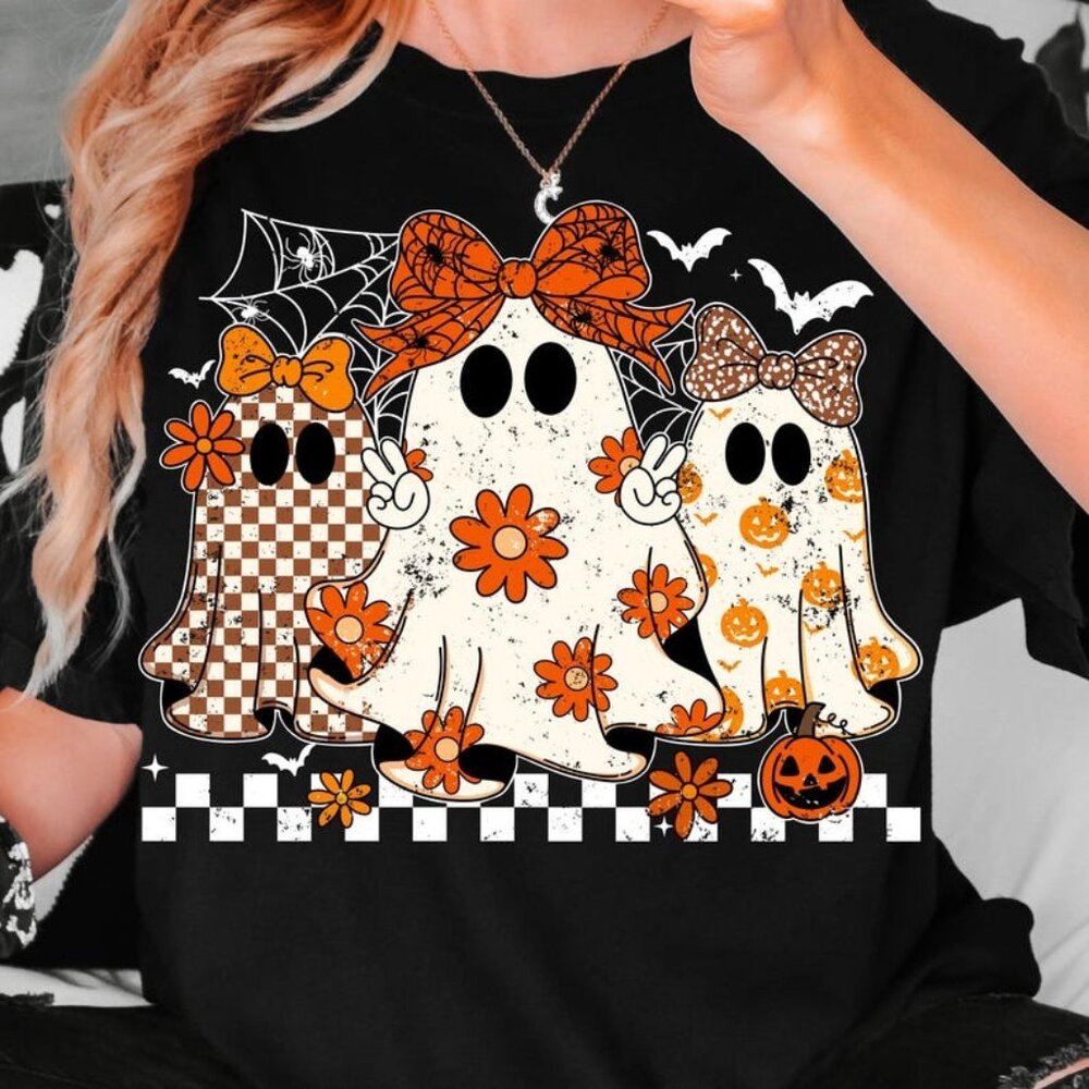Retro Fall Ghost Halloween Tee, Girly Ghost Lacey Ghost Tee - Picture 1 of 3